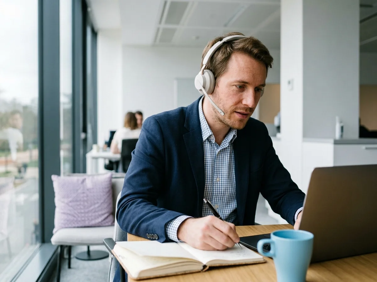 Coach commercial IA : un commercial en rendez-vous visio, conseillé en direct