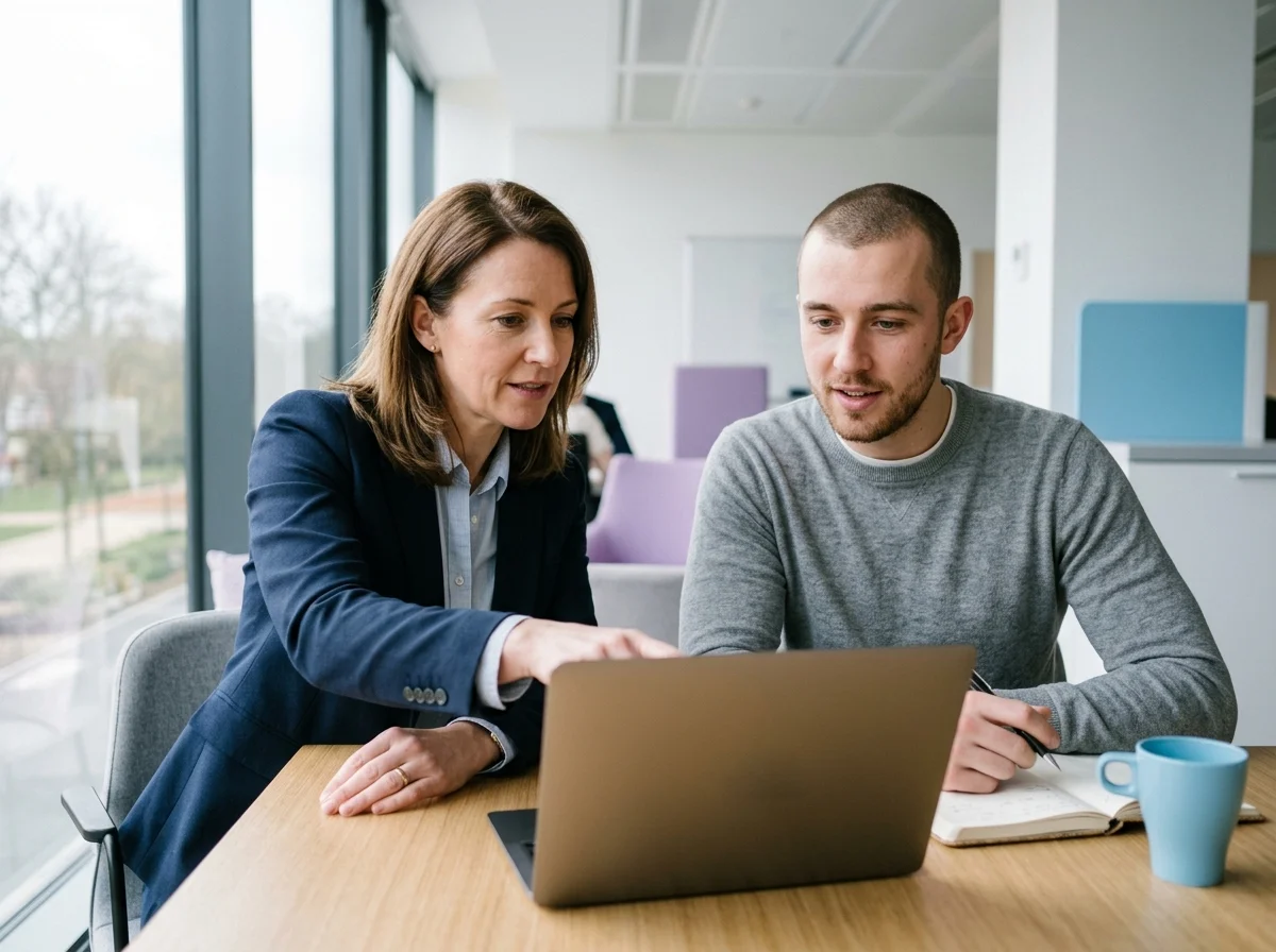 Un manager commercial et un commercial en débrief devant un ordinateur